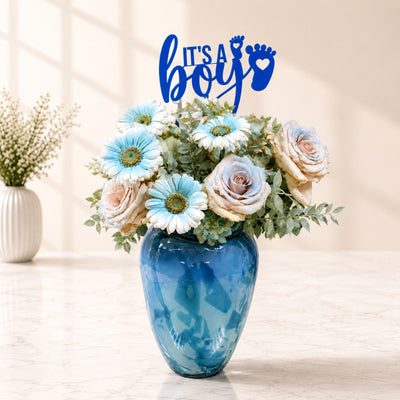 Welcome Baby Boy Blue Gerbera & Rose Flower Arrangement in Blue Glass Vase