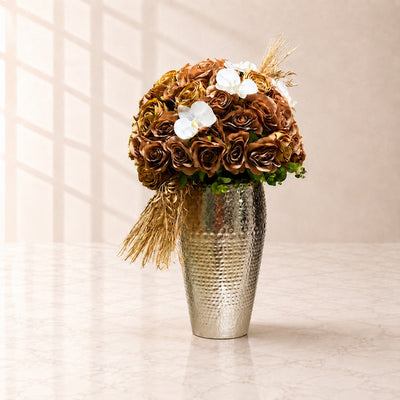 Artificial Brown Rose Flower Arrangement in Silver Vase