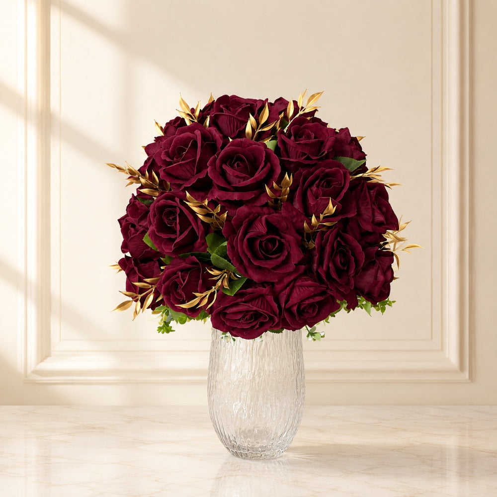 Artificial Burgundy Rose Flower Arrangement in Clear Glass Vase