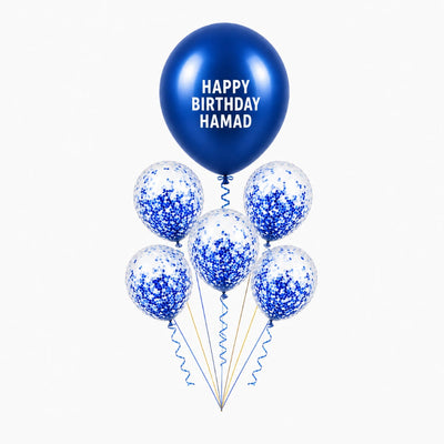 Personalized Happy Birthday Confetti Helium Balloon Bouquet – Blue Theme – 6 Pcs