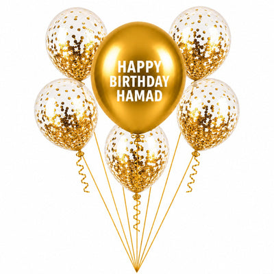Personalized Happy Birthday Confetti Helium Balloon Bouquet - Gold Theme – 6 Pcs