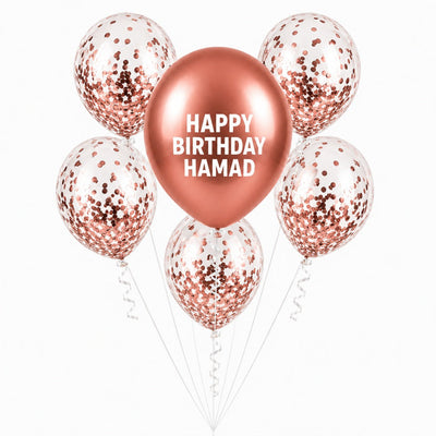 Personalized Happy Birthday Confetti Helium Balloon Bouquet - Rose Gold Theme – 6 Pcs
