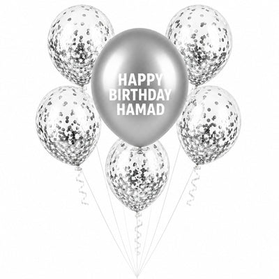 Personalized Happy Birthday Confetti Helium Balloon Bouquet - Silver Theme – 6 Pcs