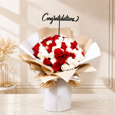 Congratulations Red & White Rose Flower Bouquet with Premium Wrapping