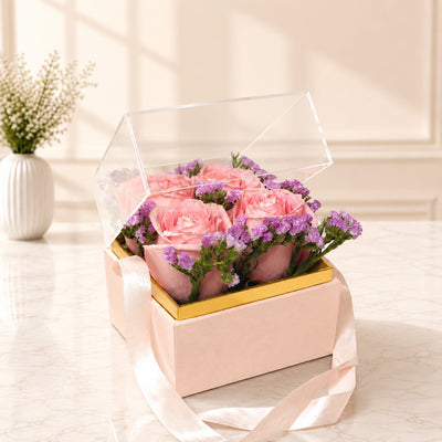 Luxury Pink Rose Flower Gift Box With Clear Acrylic Cover
