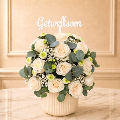 Premium Get Well Soon White Rose Floral Vase
