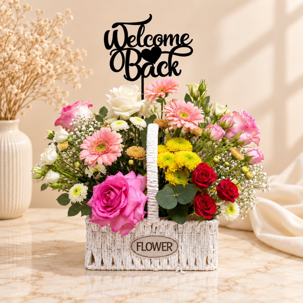 Welcome Back Colorful Mixed Flower Basket With Roses