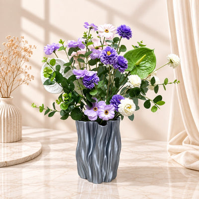 Artificial Purple & White Mixed Flower Arrangement In Grey Vase