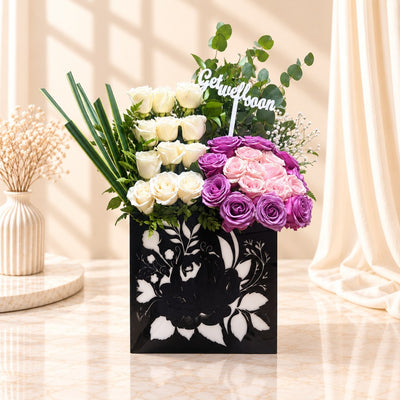 Get Well Soon White, Pink & Purple Rose Flower Arrangement In Black Floral Box