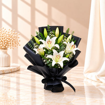 Premium White Lily & Baby’s Breath Bouquet With Black Wrapping