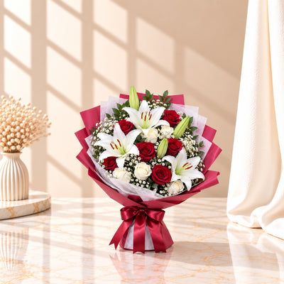 Luxury Red Rose & White Lily Bouquet With Burgundy Wrapping