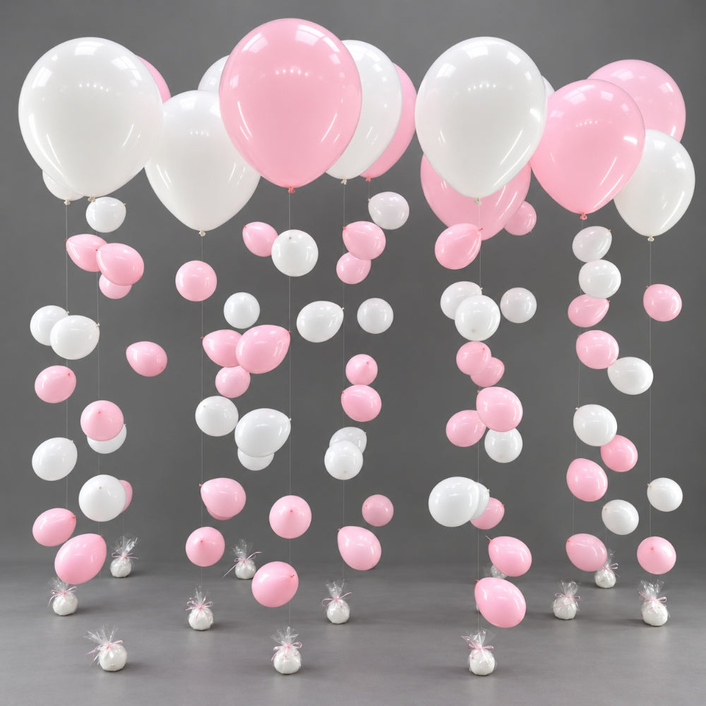 Helium Balloon Ceiling Decoration with Hanging Balloon Garlands - Pink And White