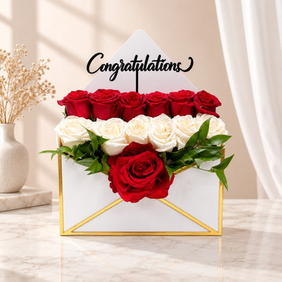 Congratulations Red & White Rose Envelope Flower Box Arrangement