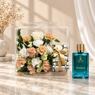 Luxury Peach Carnation & White Rose Acrylic Gift Box With Perfume