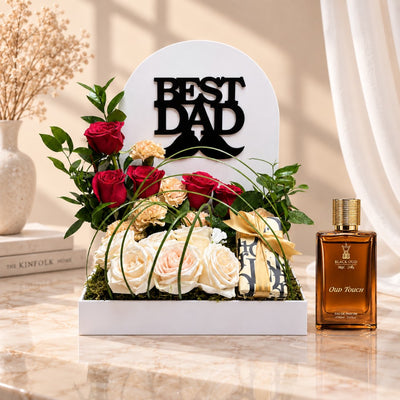 Best Dad Red & White Rose Floral Gift Arrangement With Perfume