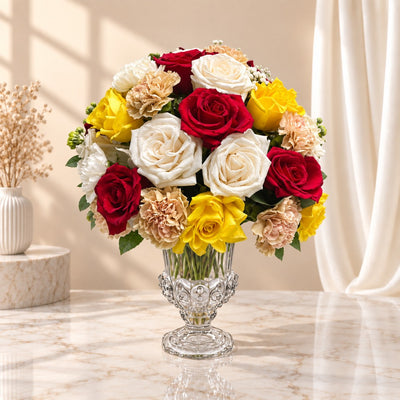 Premium Colorful Roses & Peach Carnations Vase Arrangement
