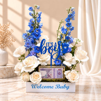 Welcome Baby Boy Flower Arrangement With Money Box