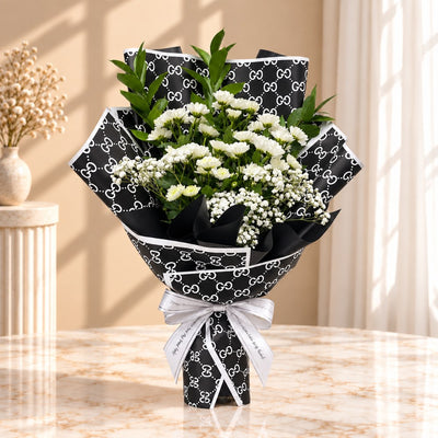 White Chrysanthemum & Baby’s Breath Flower Bouquet with Black Patterned Wrapping