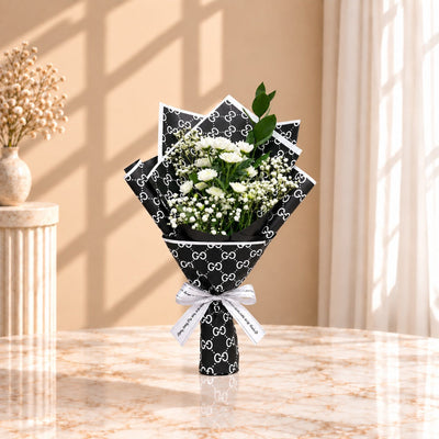 White Chrysanthemum Flower Bouquet with Black Wrapping