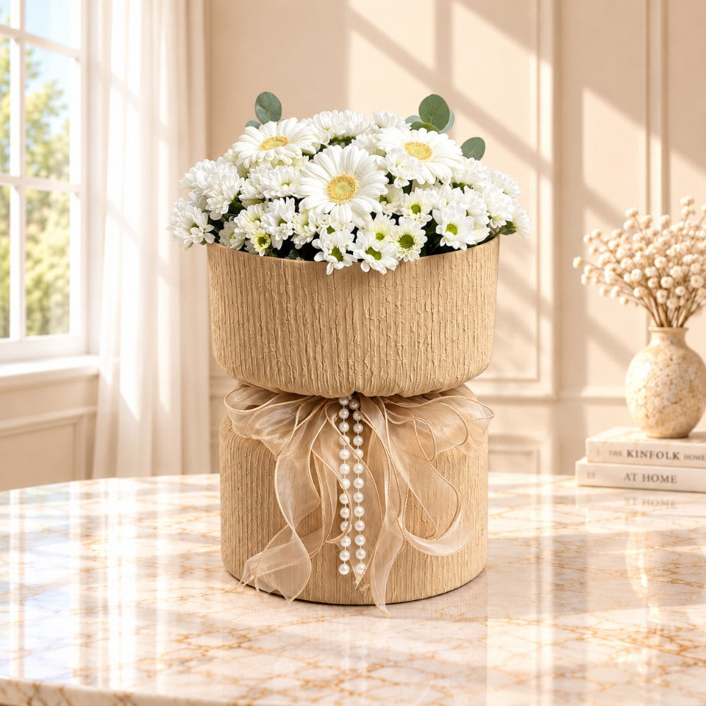 Premium White Mixed Flowers in Elegant Beige Flower Bouquet - Fabric Bouquet