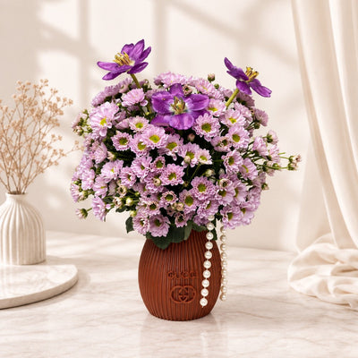 Pink Chrysanthemum & Purple Floral Arrangement in Designer Vase