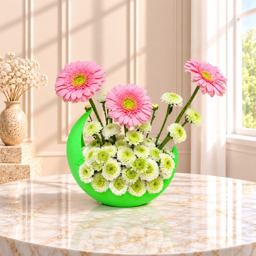 Pink Gerbera & Green Chrysanthemum Flower Arrangement in Modern Green Vase