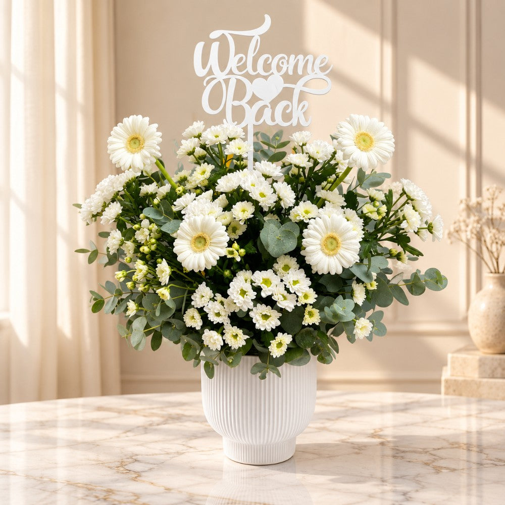 Welcome Back White Gerbera & Chrysanthemum Flower Arrangement in White Vase