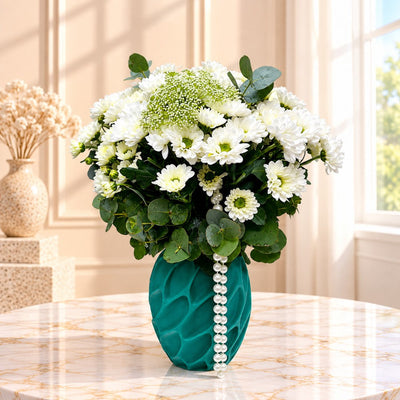 Elegant White Chrysanthemum Flower Arrangement in Teal Designer Vase