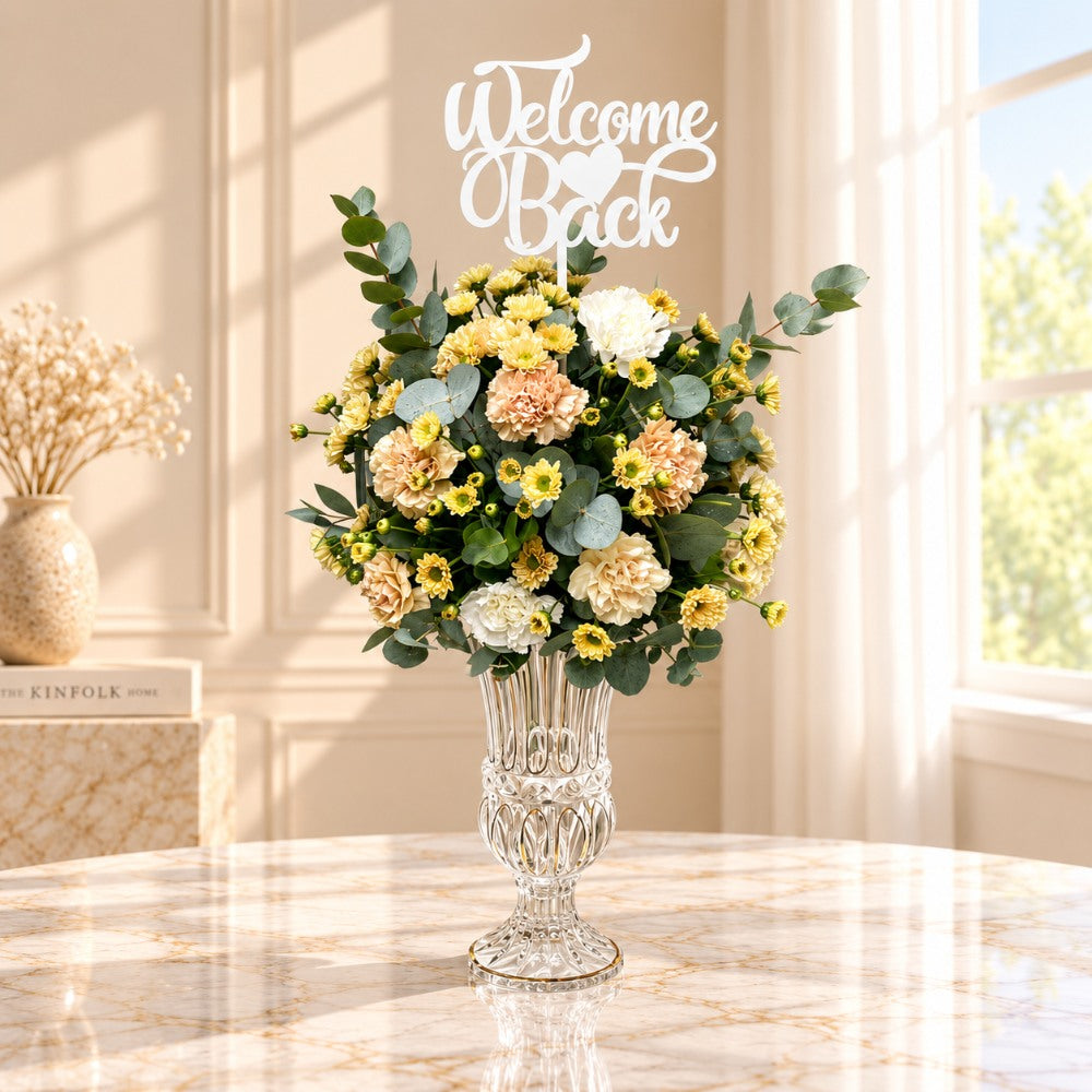 Welcome Back Peach Carnation & Yellow Chrysanthemum Flower Vase Arrangement