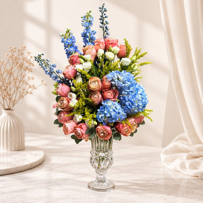 Pink Rose, Blue Hydrangea & Delphinium Flower Arrangement in Elegant Glass Vase