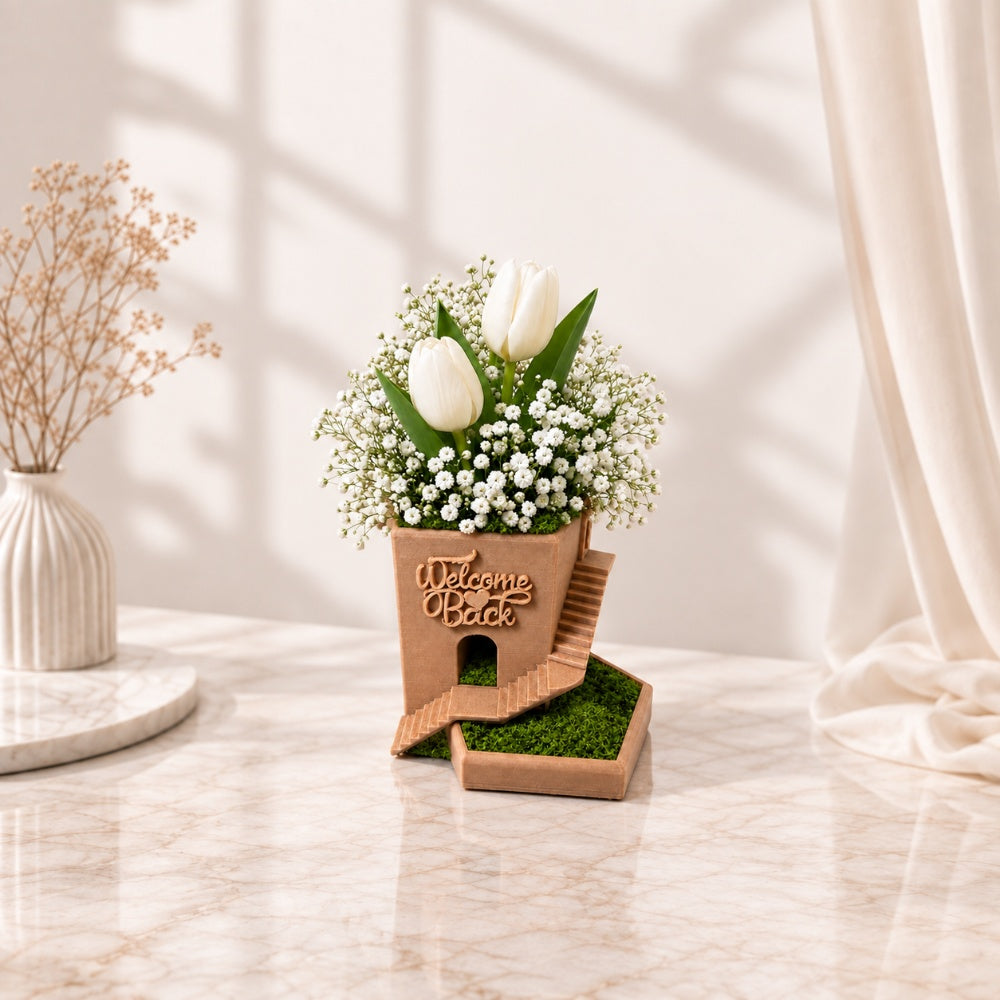Welcome Back White Tulip Arrangement in Traditional Arabic House Vase