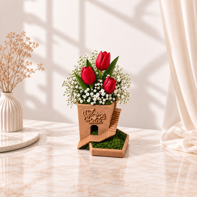 Welcome Back Red Tulip Arrangement in Traditional Arabic House Vase