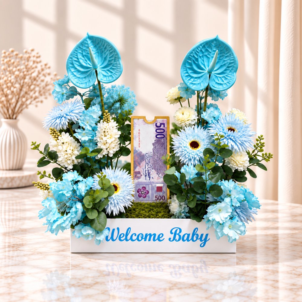 Welcome Baby Blue Anthurium & Hydrangea  Artificial Flower Arrangement with Money Gift Box