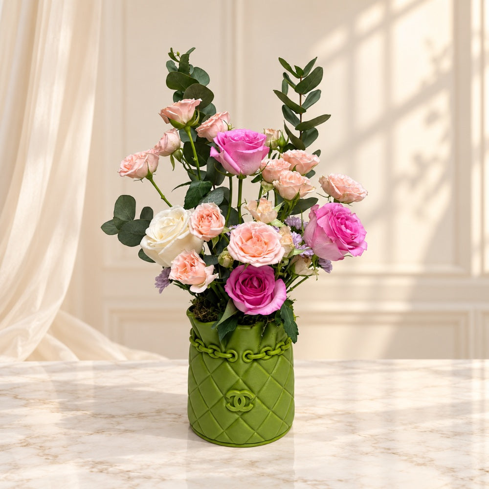 Premium Pink, Peach & White Rose Flower Vase Arrangement