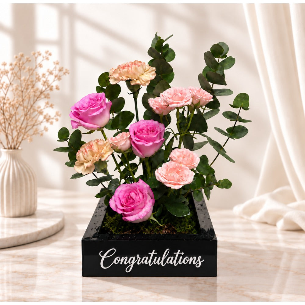 Congratulations Pink Rose & Carnation Floral Box Arrangement