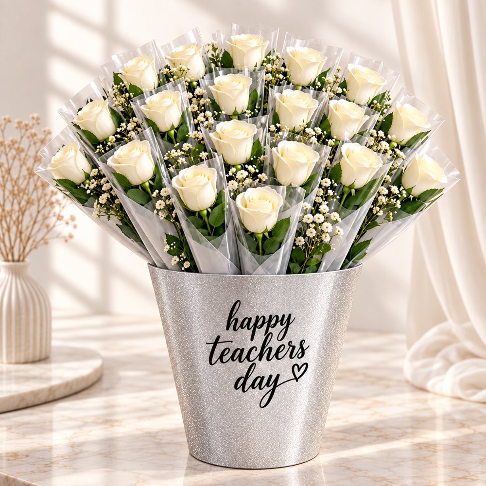 Teacher's Day Premium White Rose Bouquets in Luxury Silver Box