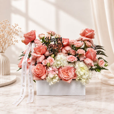 Teacher's Day Luxury Peach Rose & White Hydrangea Floral Arrangement