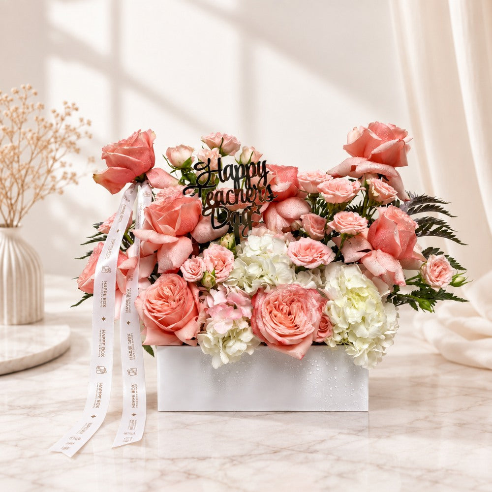 Teacher's Day Luxury Peach Rose & White Hydrangea Floral Arrangement